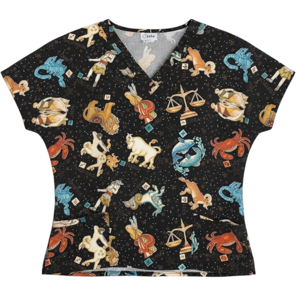 Apple Life Zodiac Astrology Scrub Top Womens L Black Celestial Star Sign V-Neck